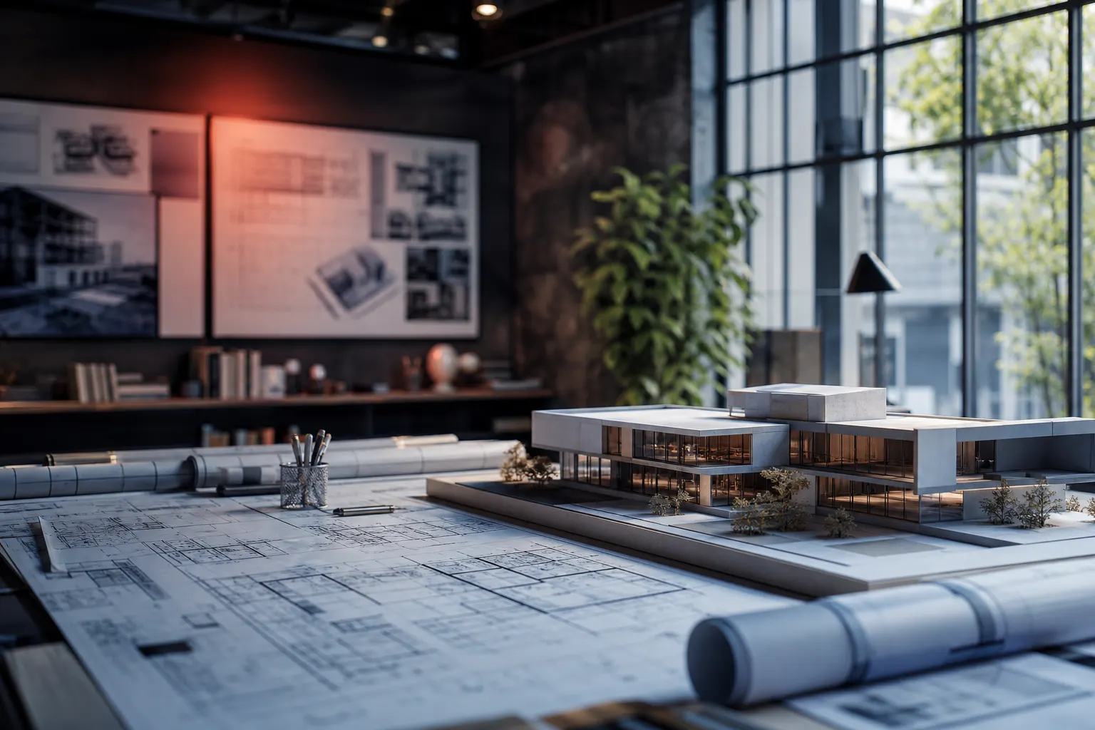 Estudio de arquitectura con maqueta y planos