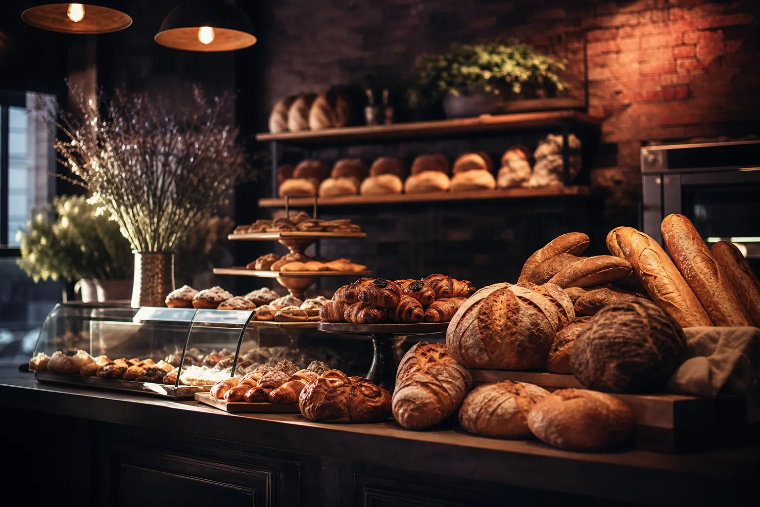 Mostrador de panadería artesanal con pan recién horneado